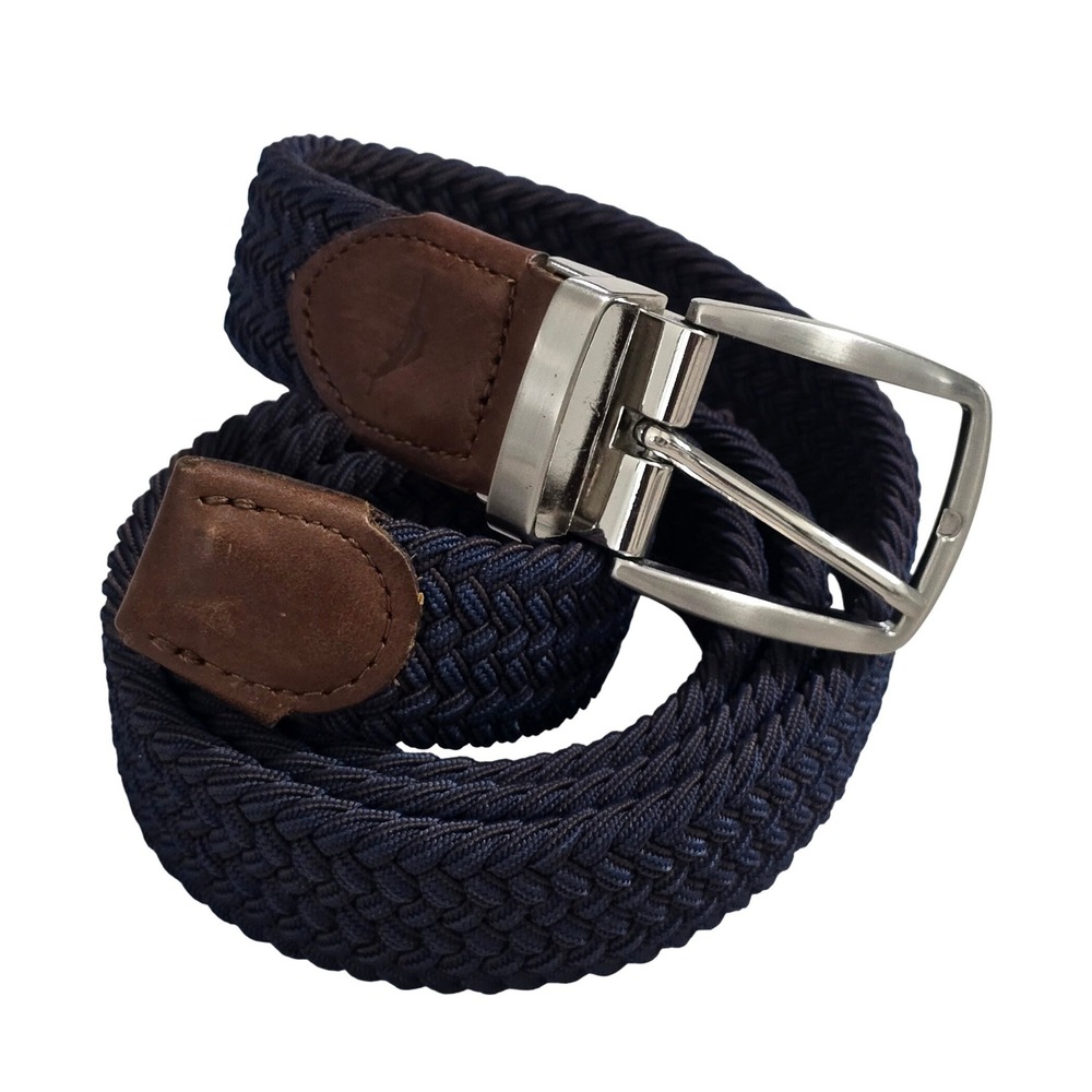 Nautica Mens Braided Stretch Belt Navy Blue Brown Leather Trim L/XL‎ 11TM030007